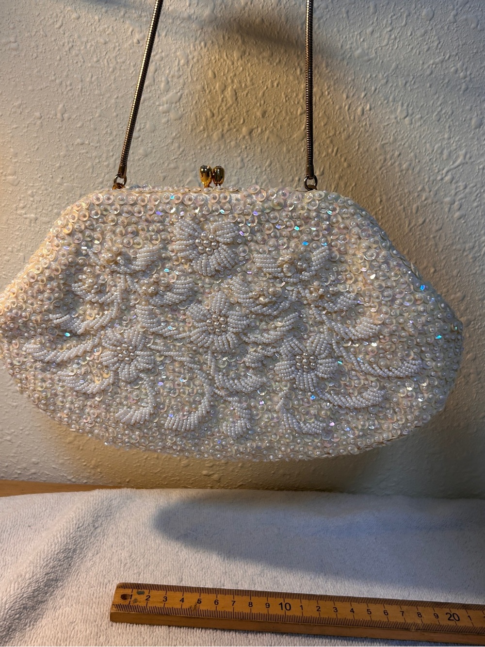Beaded White Floral Evening Clutch with Chain Strap